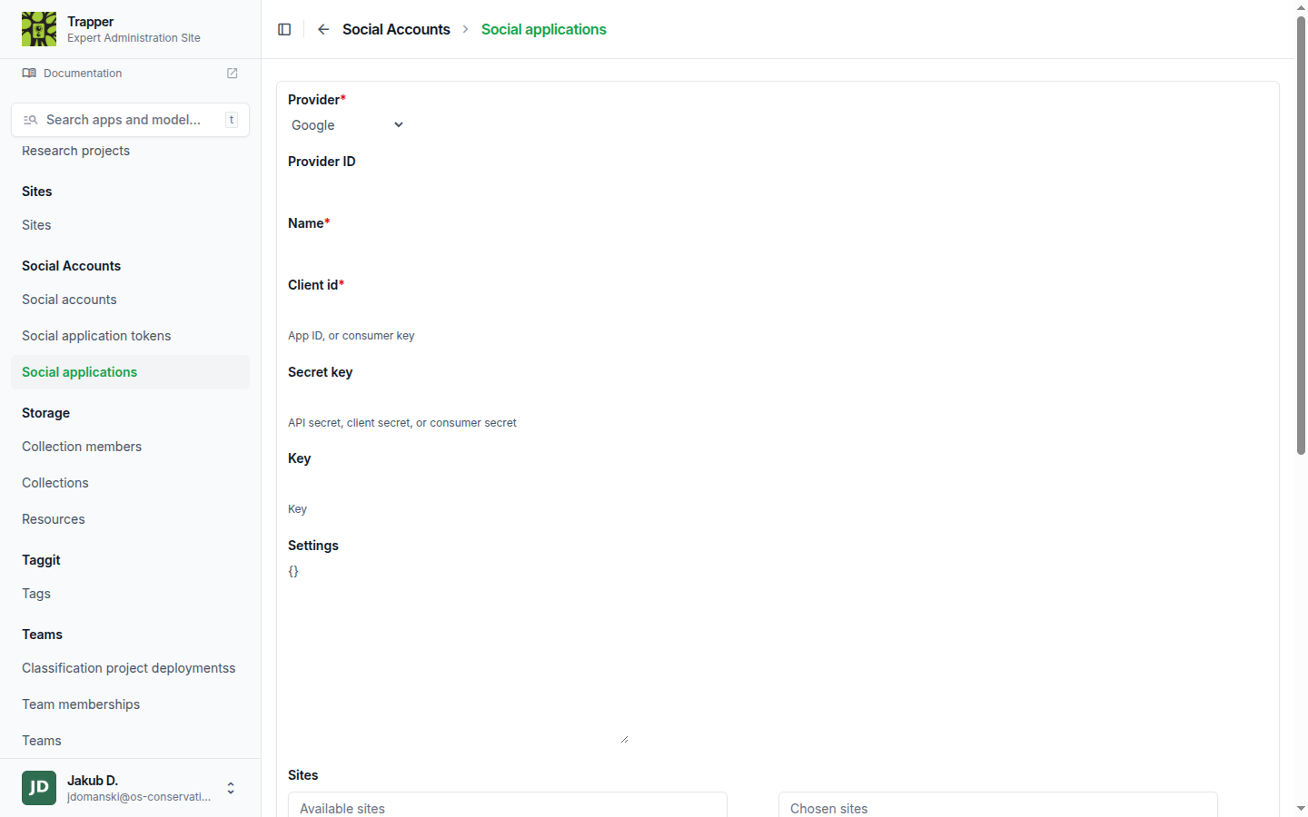 Add social application form with the Google provider selected