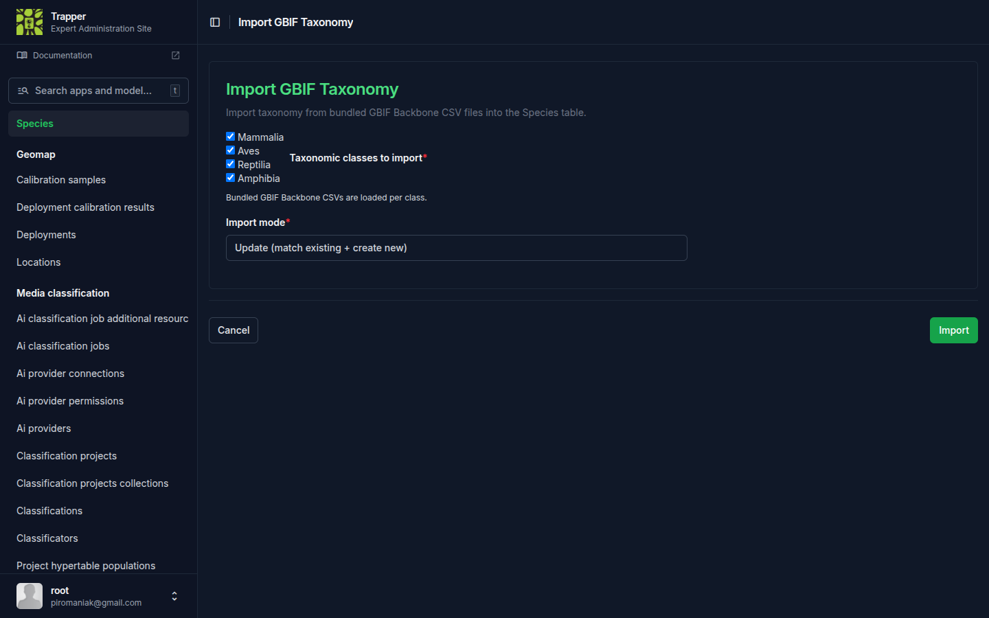 Species changelist with the GBIF import button