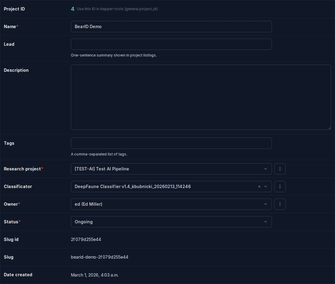 Classification Project admin edit form — basic fields