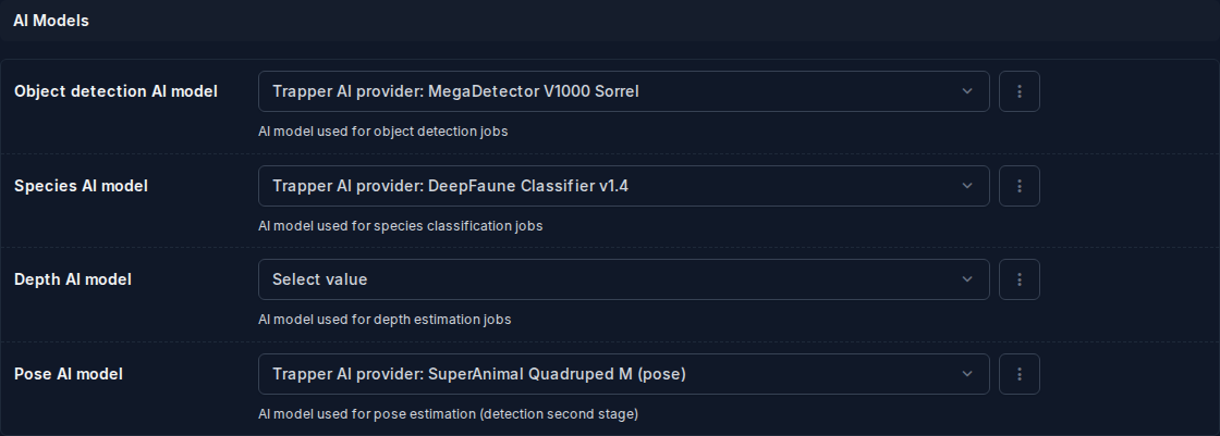 AI Models section showing model dropdowns