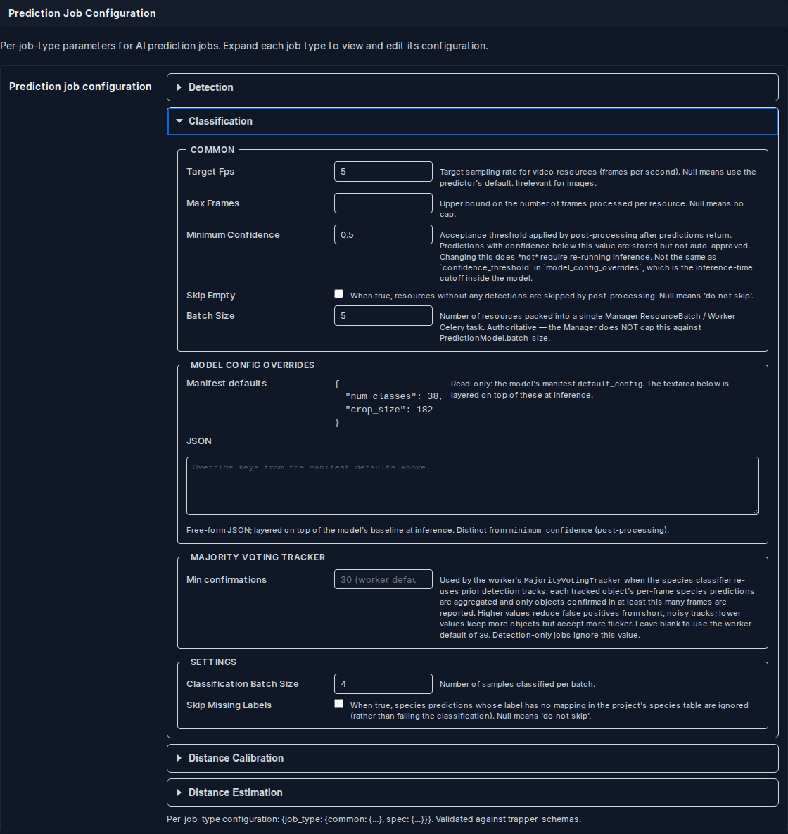 Classification panel expanded showing Common, Model Config Overrides, Majority Voting Tracker, and Settings sub-sections