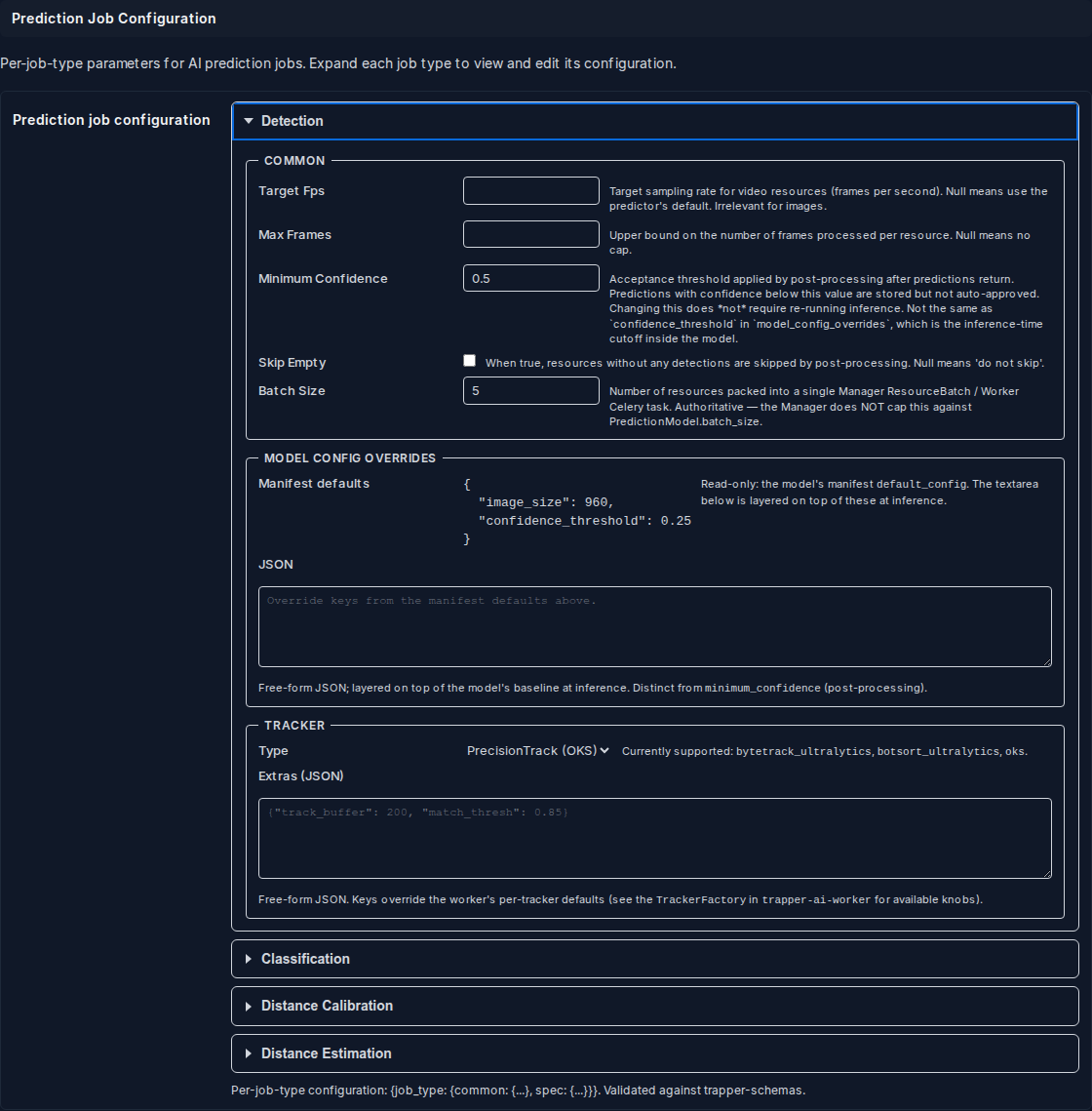 Detection panel expanded showing Common, Model Config Overrides, and Tracker sub-sections