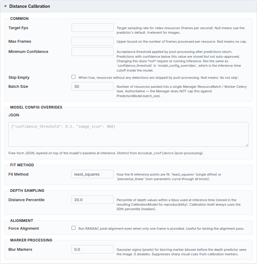 Distance Calibration panel expanded showing Common, Model Config Overrides, Fit Method, Depth Sampling, Alignment, and Marker Processing sub-sections