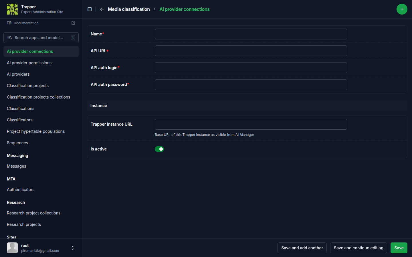 AI Provider Connection admin form
