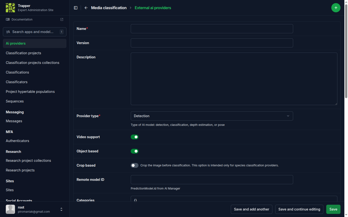 AI provider form, type picker