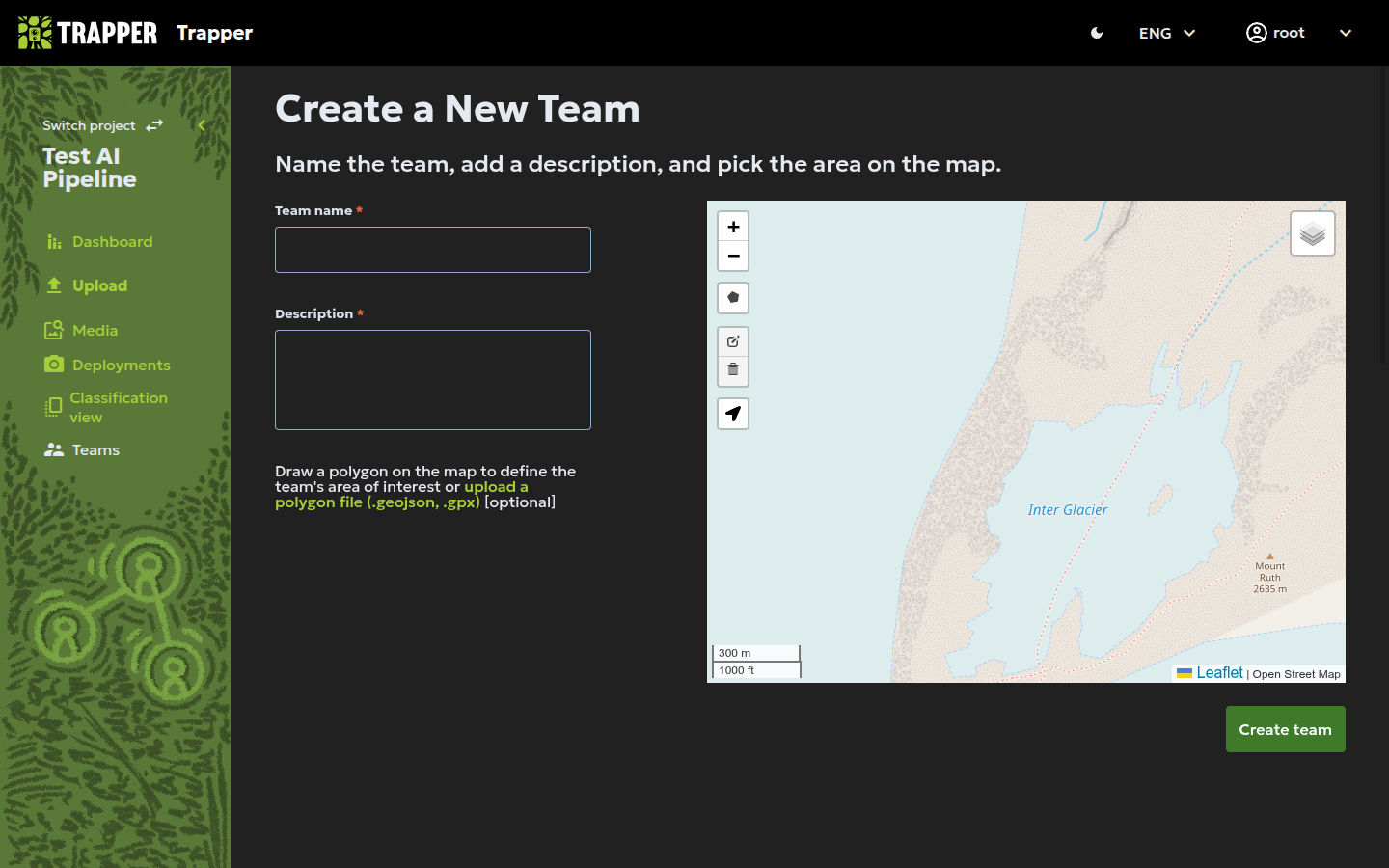 Defining a new team's area of interest on the map
