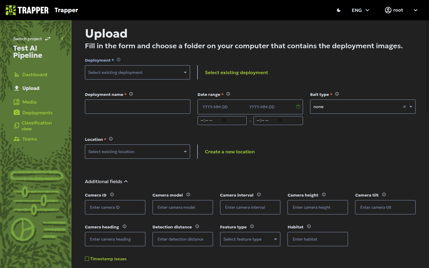 Entering detailed optional metadata for the camera and deployment