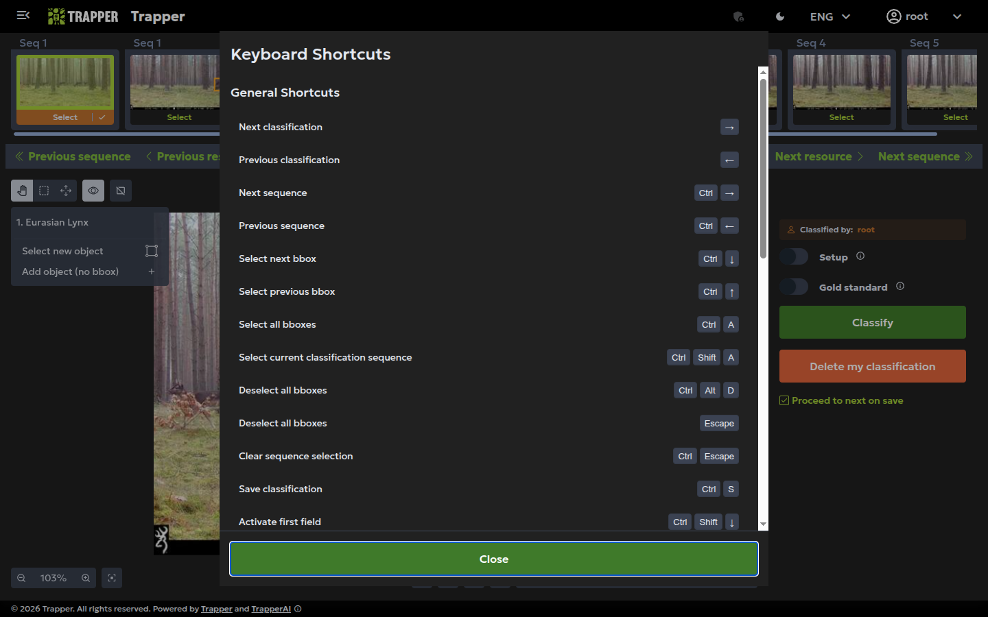 The keyboard shortcuts help dialog