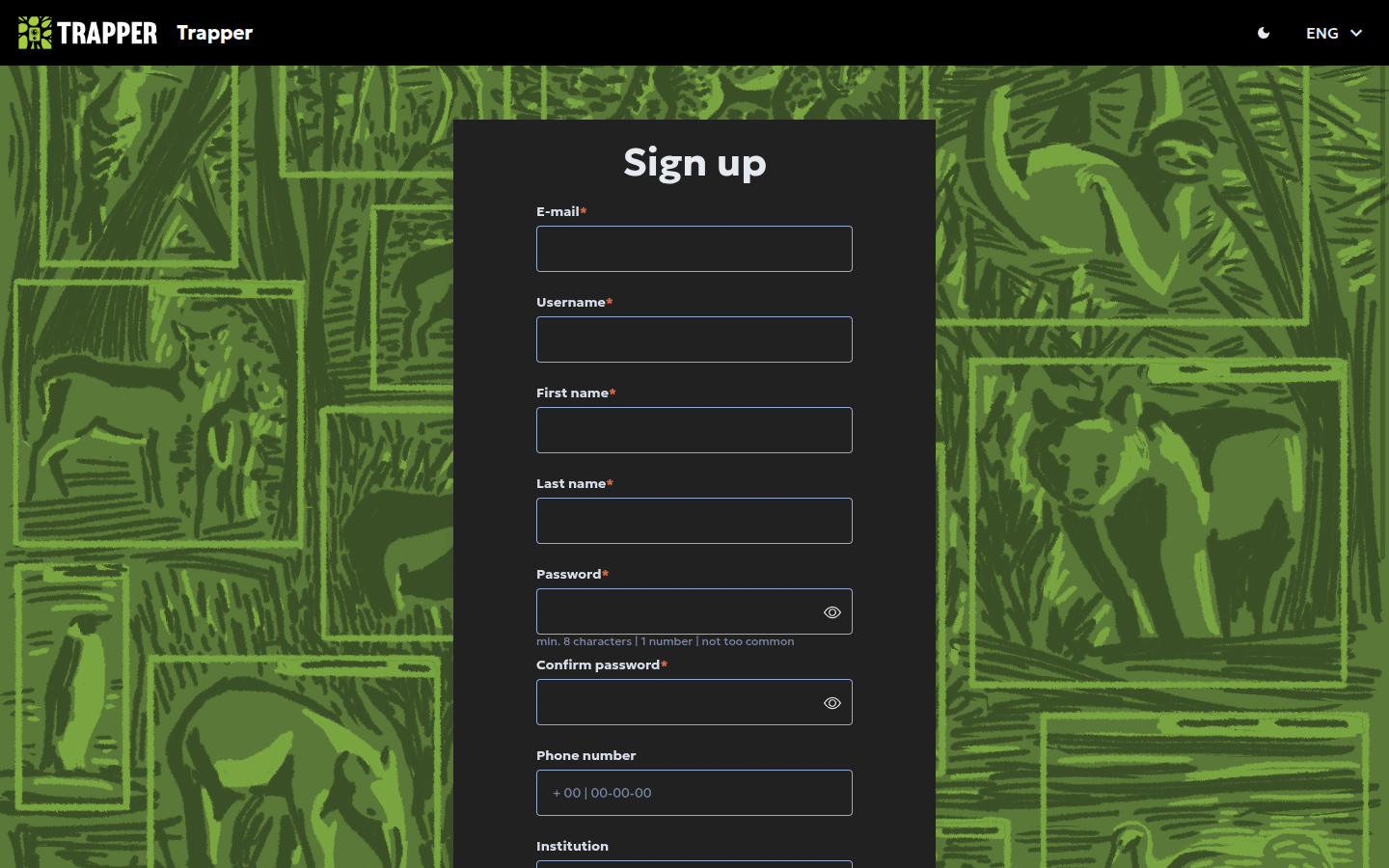 Trapper account registration screen