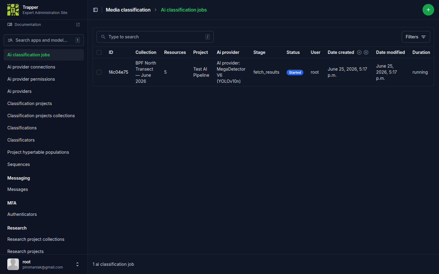 AI Classification Job admin list showing job stage and provider