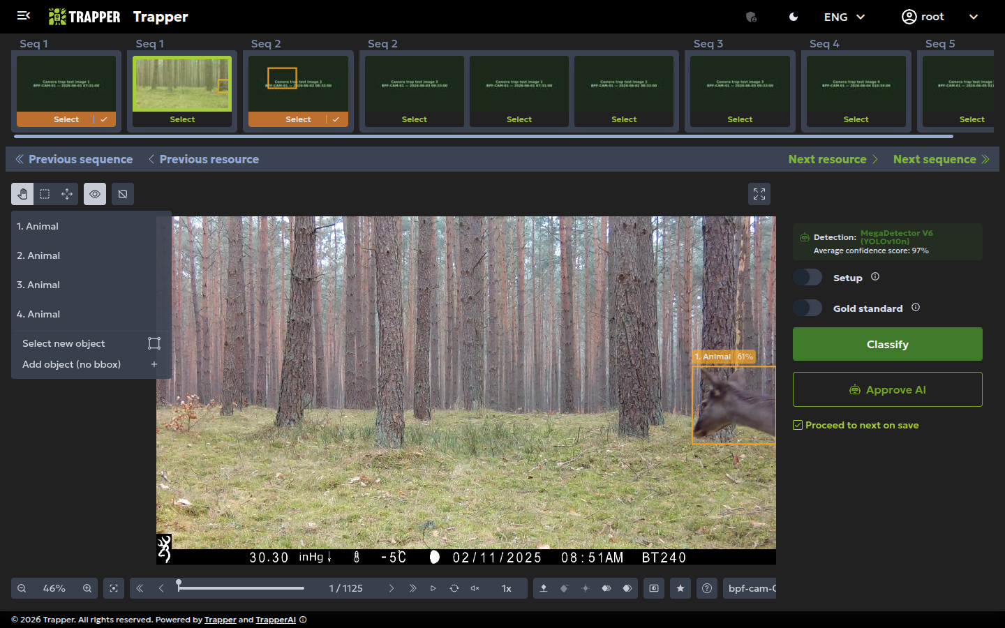 Classify view showing an AI-generated bounding box around a detected animal, with confidence score and an Approve AI button