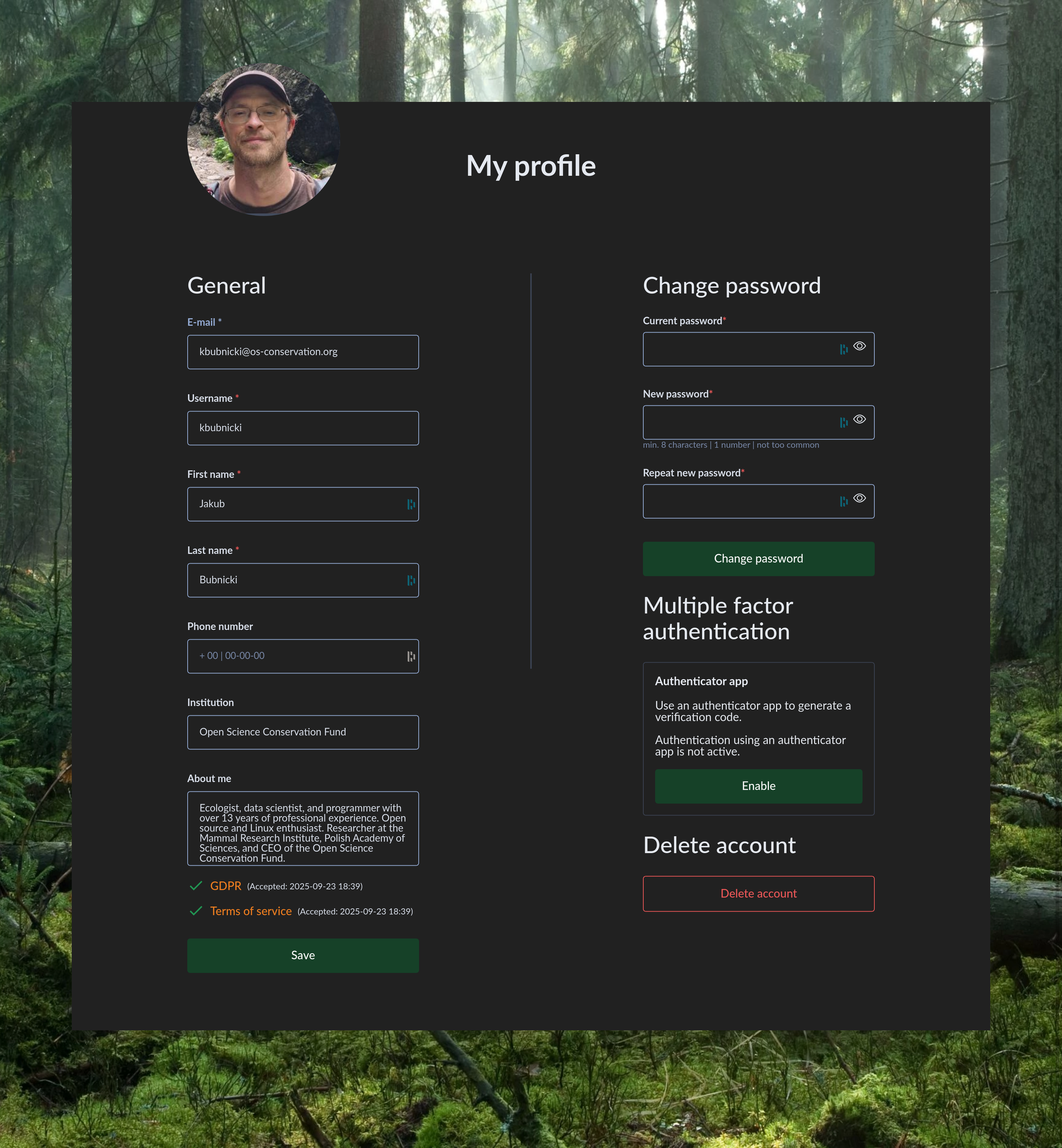 The user profile page
