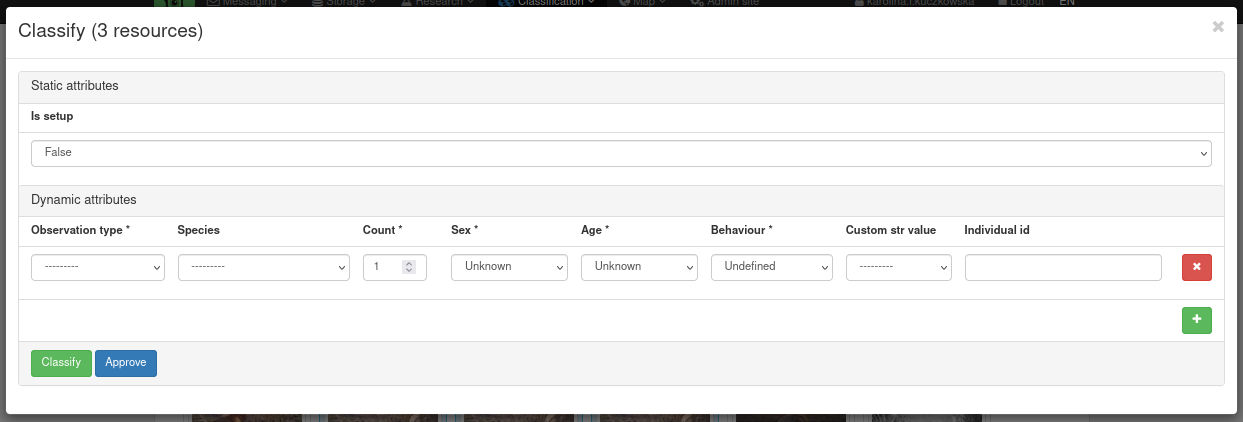 modal with classification form