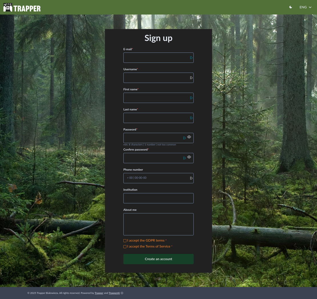 Trapper account registration screen