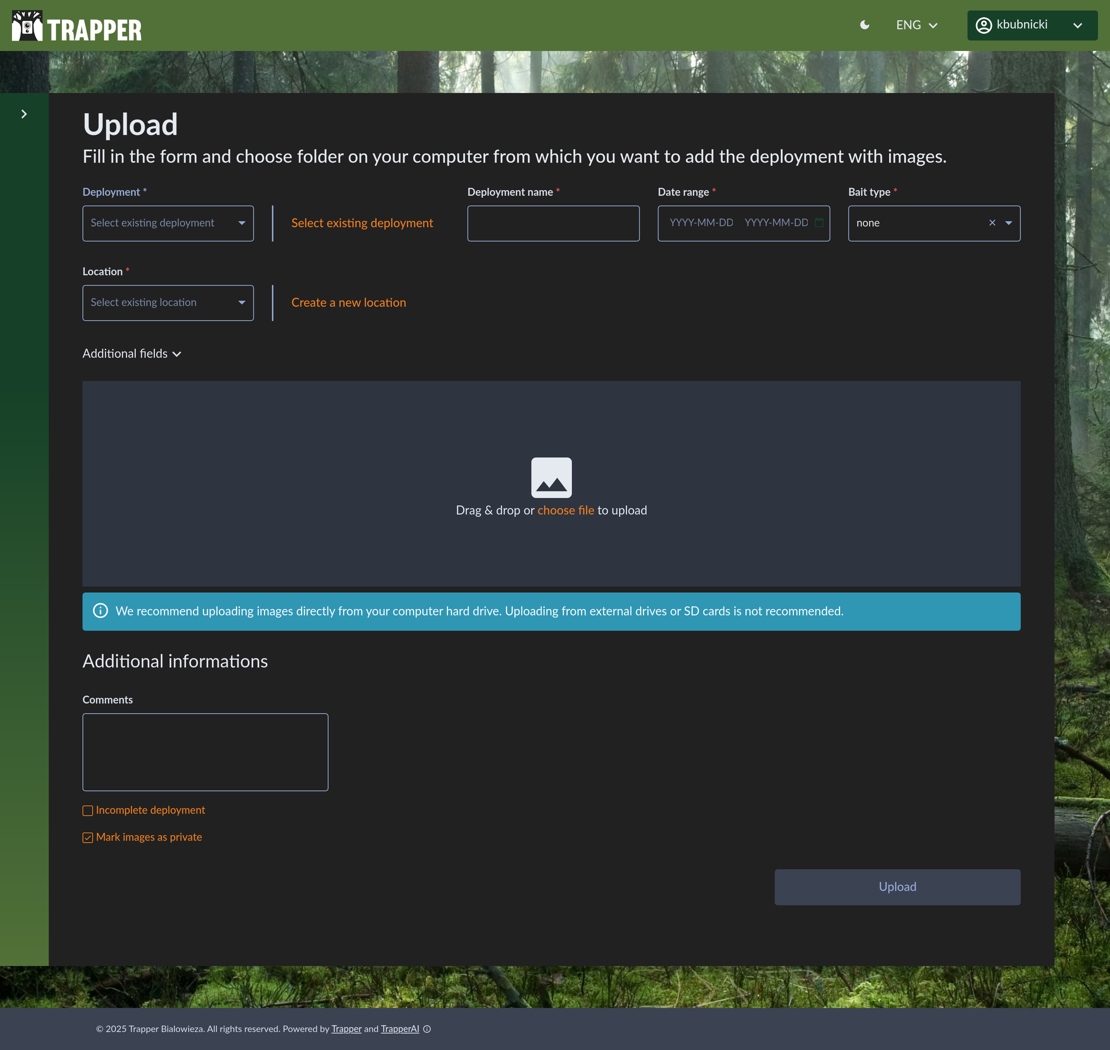 The main upload page