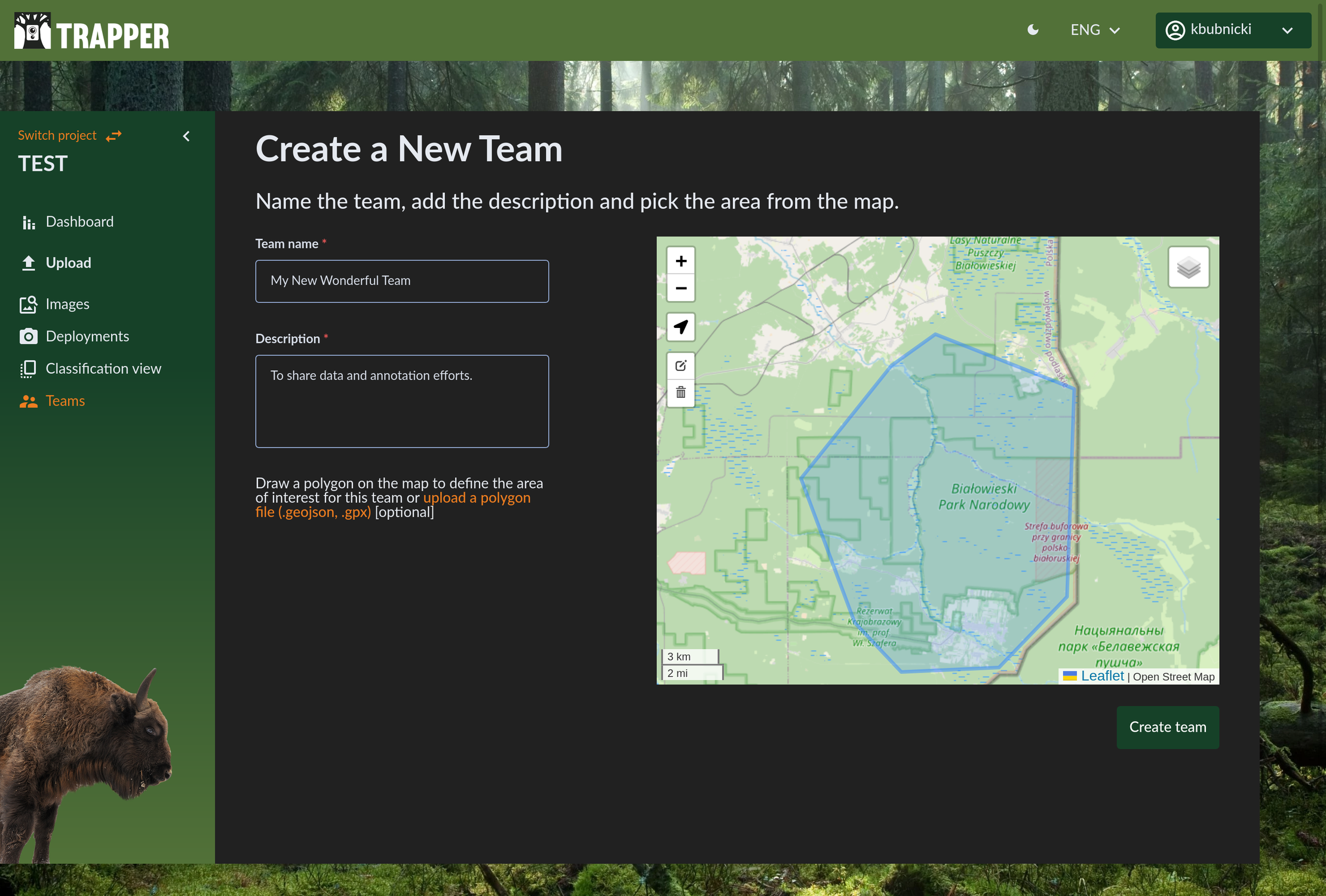 Defining a new team's area of interest on the map