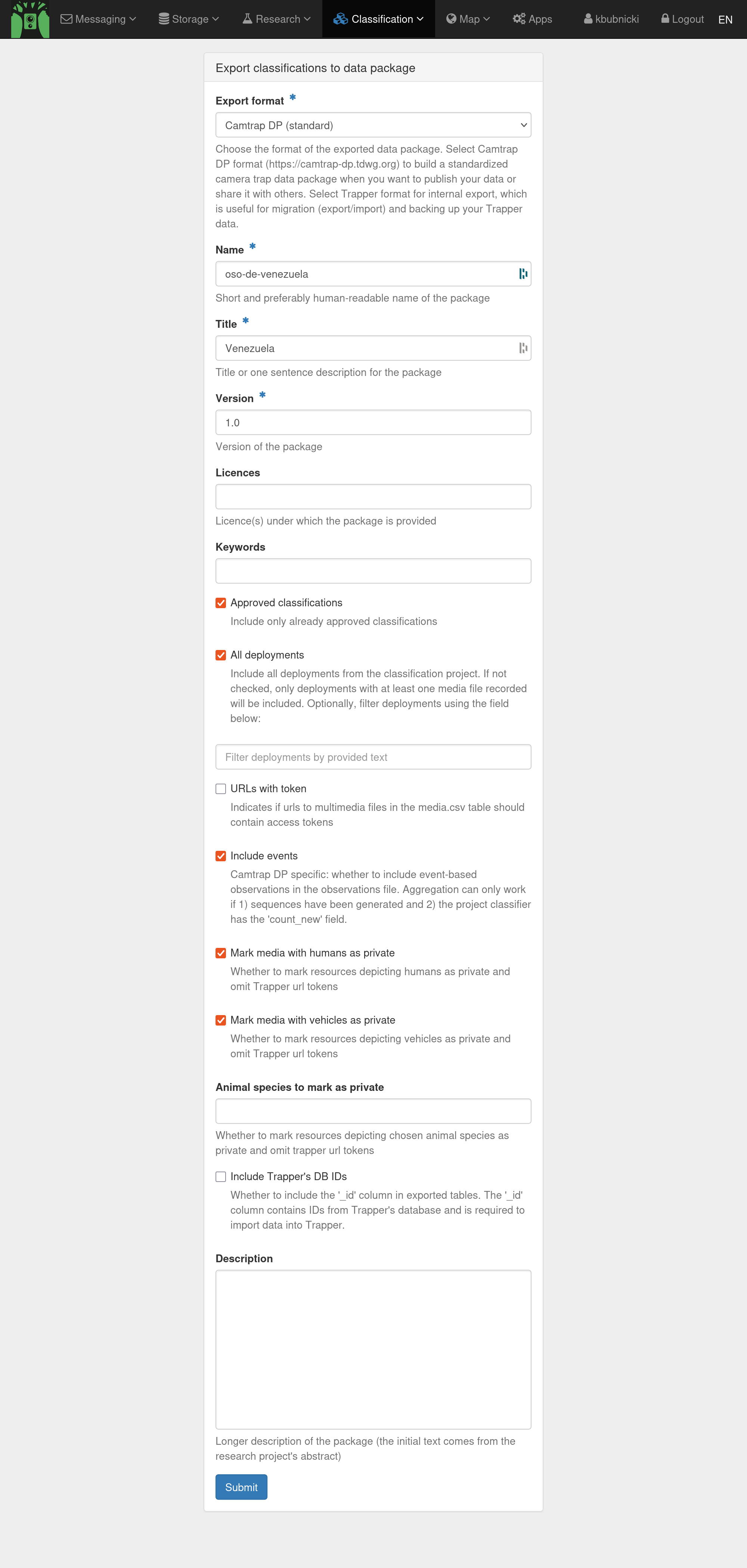 Camtrap DP export options form