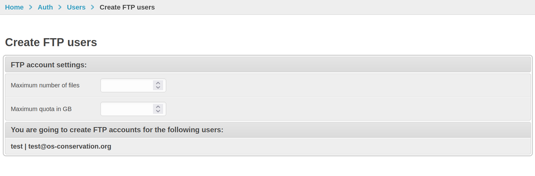 create FTP accounts form