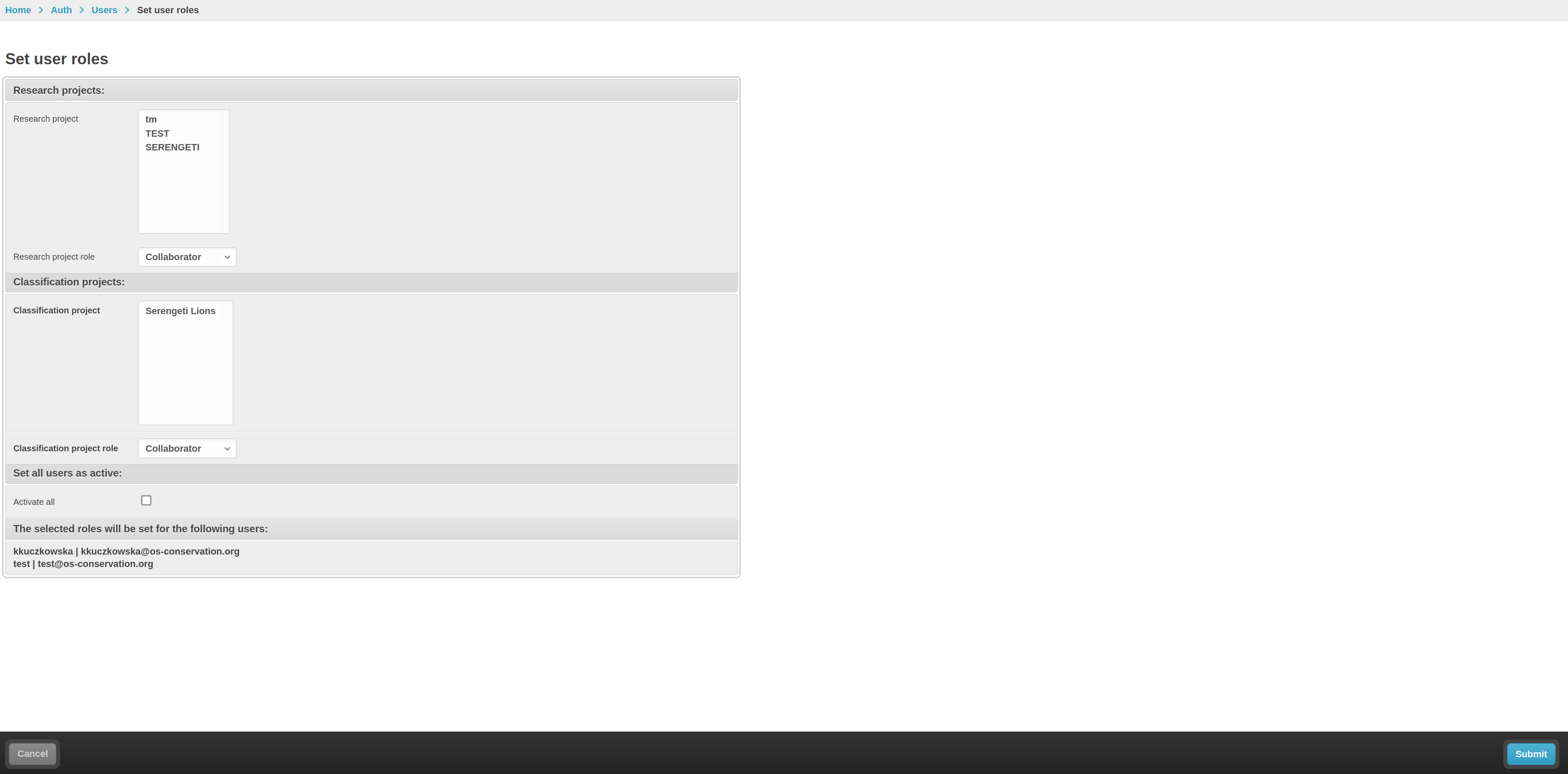 set roles for selected users form