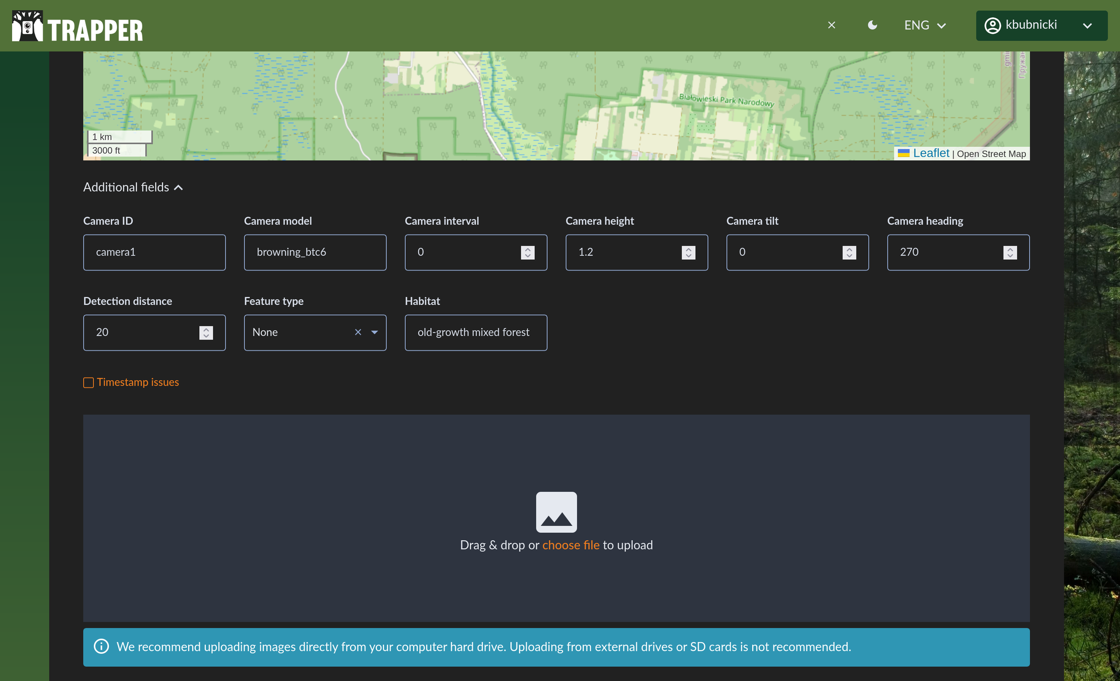 Entering detailed optional metadata for the camera and deployment