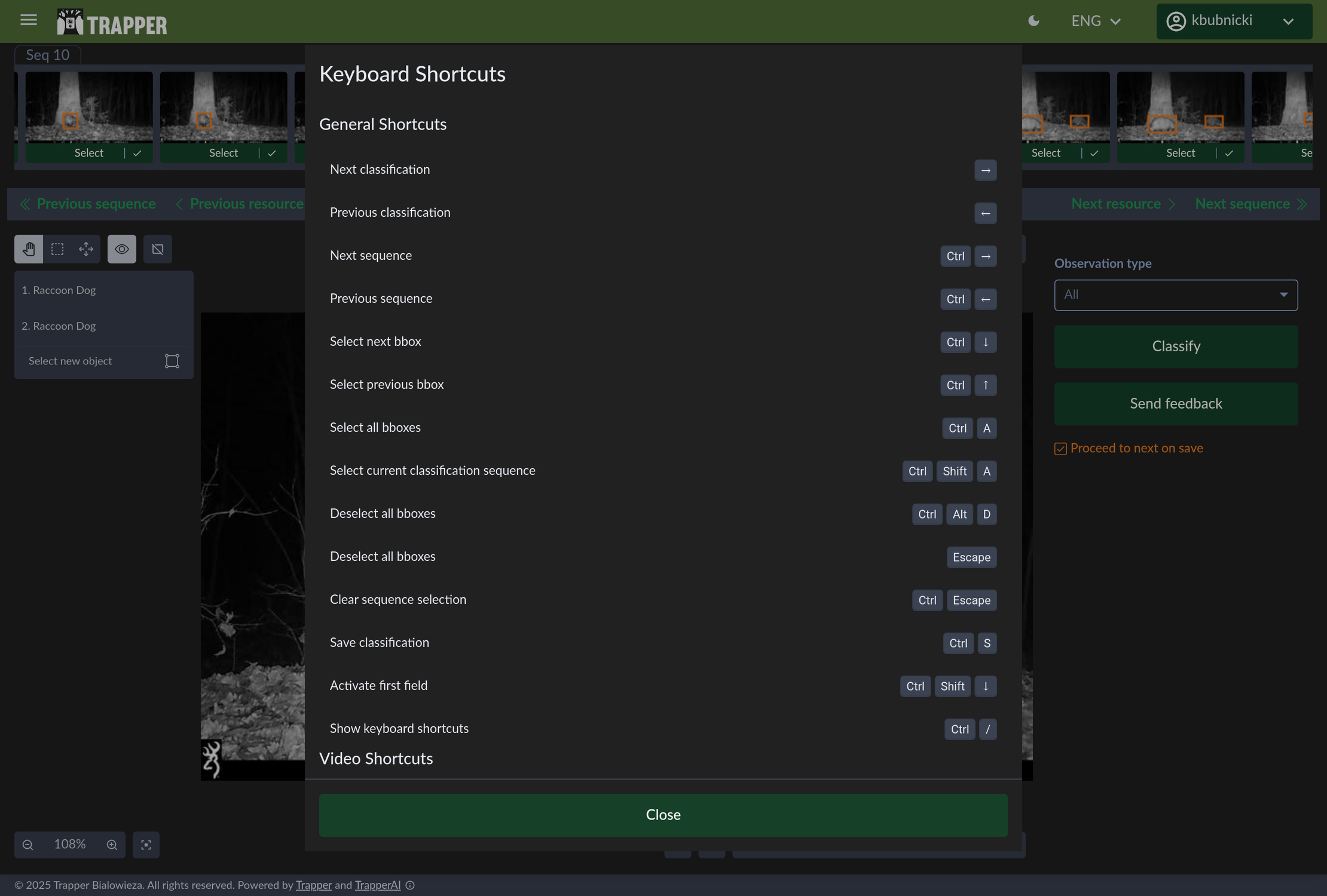 The keyboard shortcuts help dialog