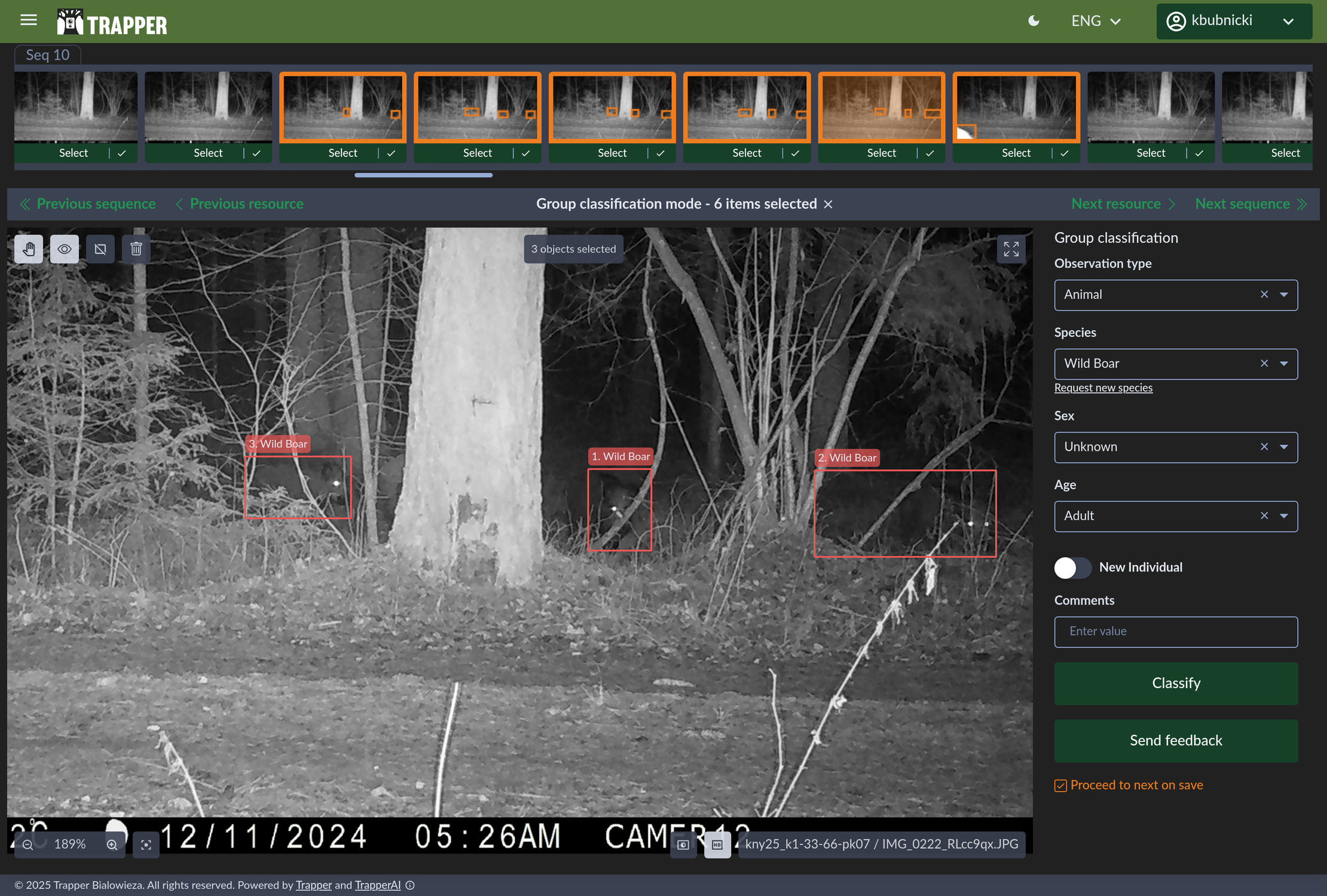 Group classification mode with multiple thumbnails selected