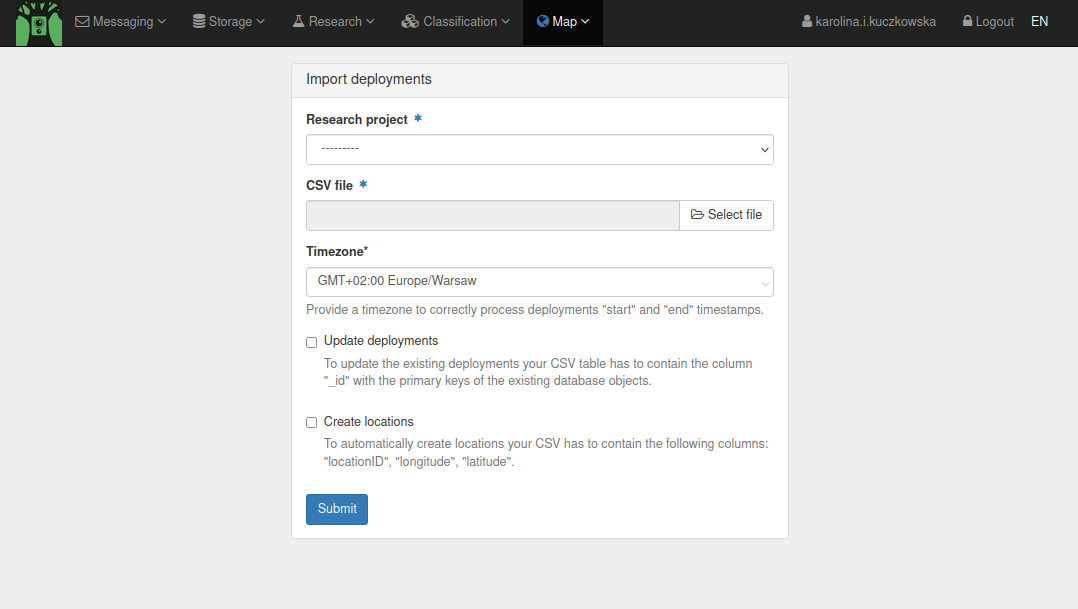 import deployments form