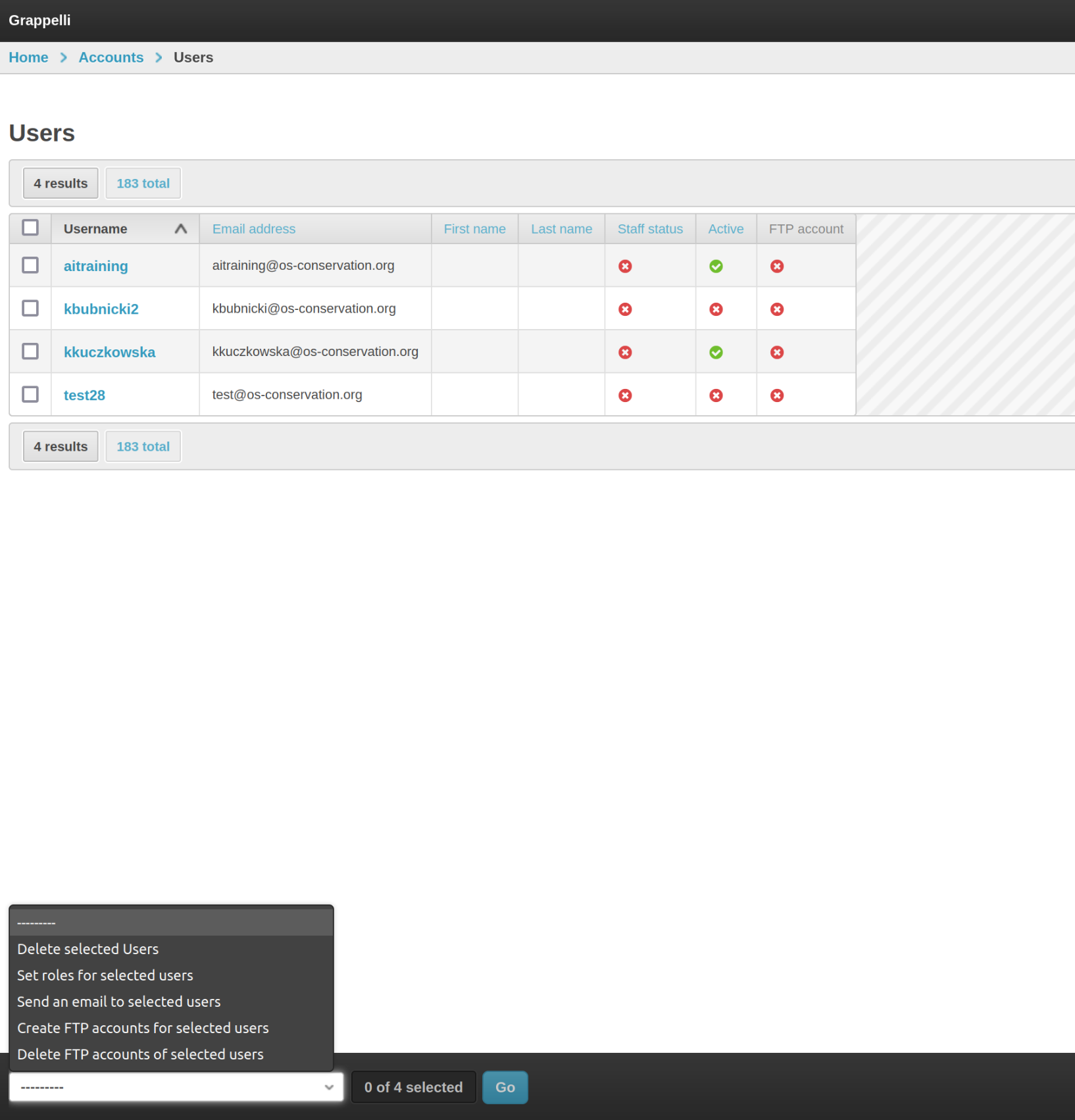 User changelist with the actions dropdown visible