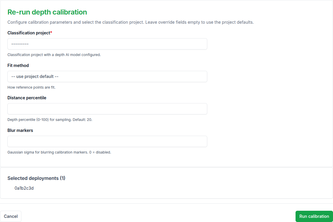 Re-run depth calibration action form